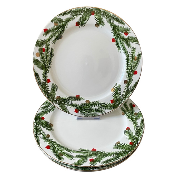 NEIMAN MARCUS Christmas Pine Dinner Plates 12.6in Green & White 4pc Boxed Set - Picture 1 of 16